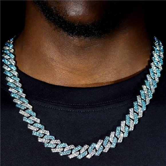 Blue/Silver Cuban Link Iced Out Chain Necklace - Picture 1 of 3